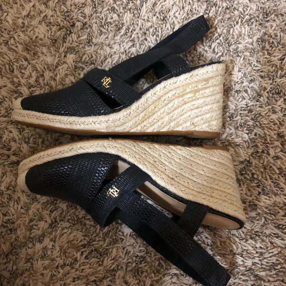 RALPH LAUREN Womens Black Penelopie Round Toe Wedge Slip On Espadrille Shoes